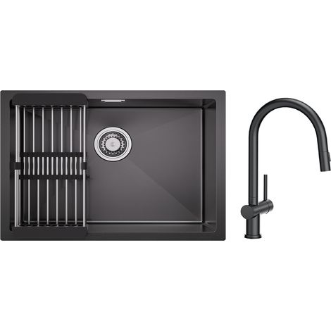 Fregadero de cocina de acero inoxidable de 1 seno de 60 × 44 cm con escurridor + grifo mezclador de cocina con rociador extraíble con 2 tipos de negro azabache