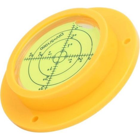 Runder Neigungsmesser, 90 x 17 mm große, fluoreszierend gelbe Wasserwaage mit Befestigungslöchern für einen Drehteller oder ein Stativ. Weitere Wander- und Campingausrüstung.