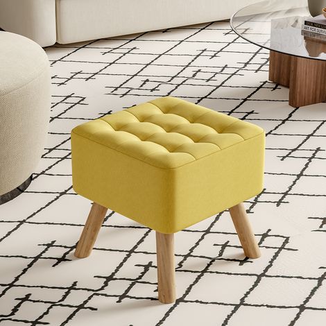 Square Modern Linen Upholstered Footstool Wooden Legs, Yellow (1/5)