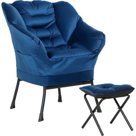 Wohnzimmersofa mit Hocker, Relaxsofa mit Seitentaschen und Stahlbeinen für Wohn- und Schlafzimmer, Blau