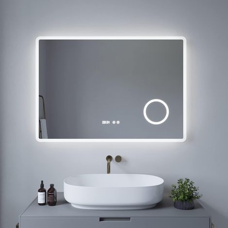AQUABATOS® LED Badspiegel mit Beleuchtung Badezimmerspiegel Beleuchtet Kaltweiß Licht 6400K Dimmbar Schminkspiegel Uhr Beschlagfrei Antibeschlag Wandspiegel BORAS-Serie 100 x 70 cm