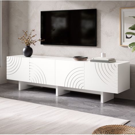 Mobile TV bianco 170 x 35 x 50 cm con 4 ante, motivi geometrici in rilievo e passacavi HAVRYA (1/5)