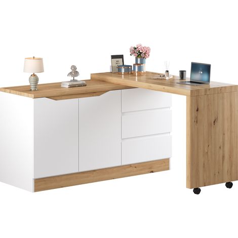 Bureau Pliable et Pivotant 120 cm Blanc et Chêne avec Rangement, Bureau d'Angle à Roulettes Verrouillables (1/5)
