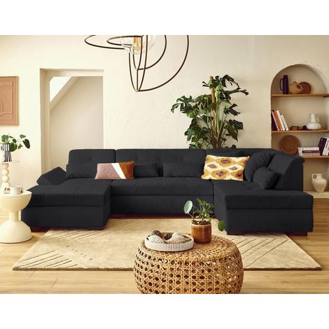 Lisa Design – Canapé panoramique d'angle droit 7 places en velours côtelé noir – Accoudoir relevable – Structure en bois massif – Style contemporain (1/5)