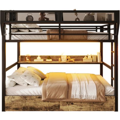 Litera 140x200 cm de metal y MDF, con LED de colores, 2 cajones, cesta lateral y balda, estructura estable en negro, sin colchón, para dormitorio - CHICFURN (1/5)