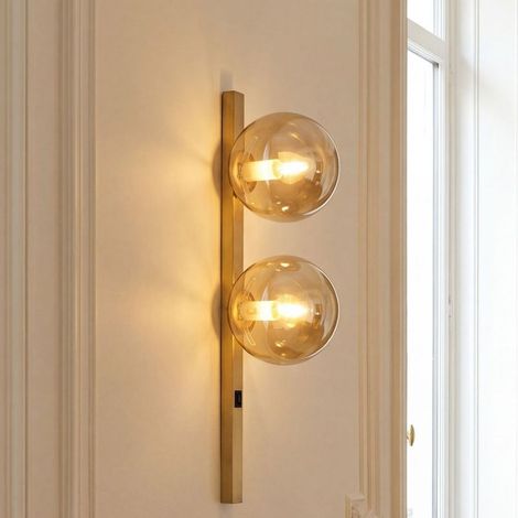 Applique murale métal verre fumé E14 60cm dorée ambre 2 lampes sphérique (1/5)