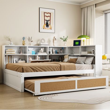 MEUBLIV Lit 140x200 cm blanc – avec lit gigogne, rangements et USB, sans matelas (1/5)
