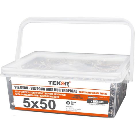 Seau de 195 Vis DECK TEKOR 5X50 Pointe antifendage type 17 Inox C1 AISI 410 Tête fraisée TORX T25-1 pièce