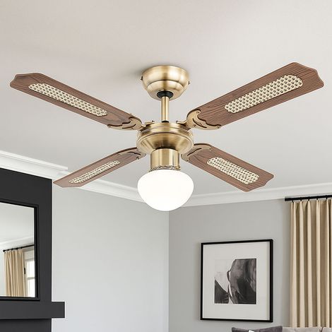 Ventilatore da soffitto con interruttore a strappo Ventilatore a soffitto a 3 velocità Luce da soffitto, avanti/indietro, vetro wickerwork rovere, 1x E27, P 106,6 cm Globo 0309 / 034009