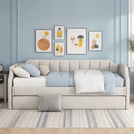 DESMIU Lit Banquette 90 × 200 cm 1 place avec lit gigogne, sans matelas, en lin, beige (1/5)