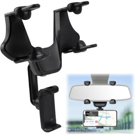 Supporto per telefono da specchietto retrovisore per auto, supporto per telefono da auto, girevole a 360° e retrattile, universale per tutti gli smartphone