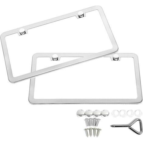 Green Mobility-Cadre de plaque d'immatriculation à 2 trous en acier inoxydable avec trou carré et bord fin, accessoires et clé de serrage inclus (argenté). (1/4)