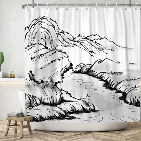 120x180cm Asie Japon Paysage Rideau de Douche Montagne lac Japonais Traditionnel Encre Rideau Douche Rustique Nature Scenic Rideau Douche pour Enfants avec Crochet Salle de Bain Decor (1/5)