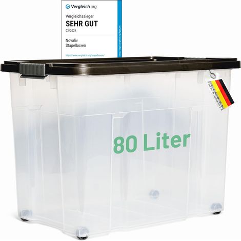 Novaliv Boîte de rangement XXL avec couvercle, grande, 80 L, anthracite, emboîtable, boîte en plastique empilable avec fermeture à clip, boîte Euro