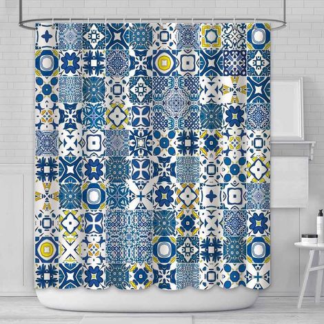 180x180cm Bleu et Jaune Tuiles Rideau De Douche Moderne Rétro Textures Maroc Mosaïque Portugais Méditerranéen Rideaux De Douche pour Salle De Bains Durable Polyester Matériel avec 12 Crochets (1/5)