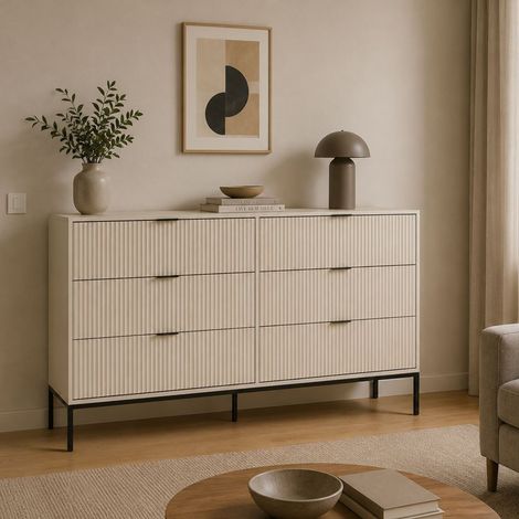 Cassettiera Lalifa, 6 Cassetti, Apertura Scorrevole, Chiusura Soft Close, 150x40x92h cm Beige Cashmere (1/4)
