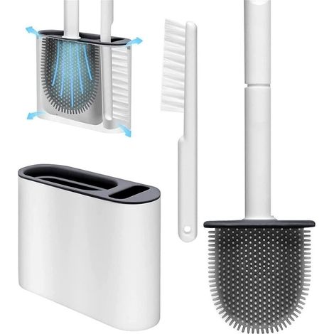 Brosse WC - Tete Flexible TPR - Support Avec Aeration Et Fixation Murale Ou Au Sol - Gris - 13.5x4.5x36 Cm - 1 Piece (1/5)