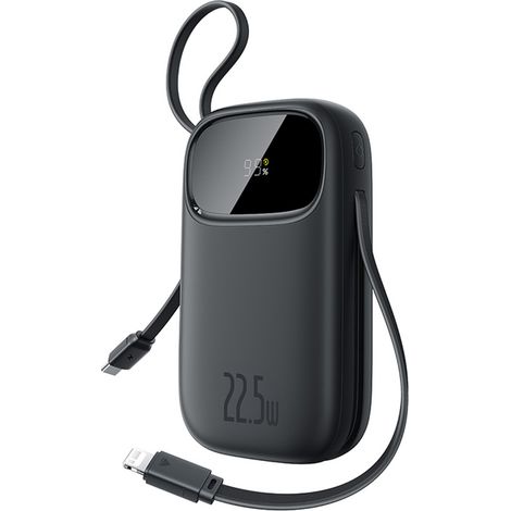Powerbank da 10000 mAh 22,5 W con display, cavi USB-C e Lightning per iPhone - Nero (1/5)