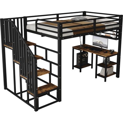 Lit mezzanine 120x200 cm avec bureau intégré, étagère de rangement et escalier à main courante, structure métal et panneau de particules, noir  CHICFURN (1/5)