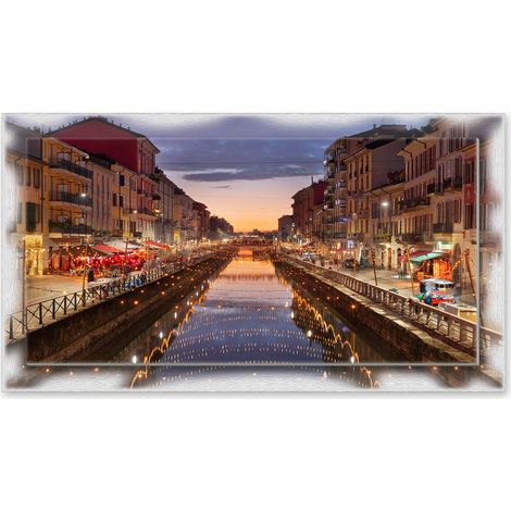 Lupia - Quadro moderno su Tela con Cornice stampata NEWEXT 75x135 cm, paesaggi localismi italiani, per casa soggiorno capezzale camera da letto hotel ufficio, MILANO NAVIGLIO TWILIGHT (1/4)