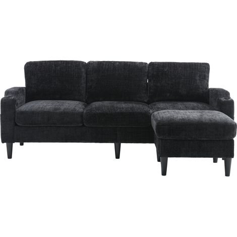 CHICFURN Sofá de 4 plazas 196,5 x 75 x 77 cm de chenilla negra con puf y almacenaje (1/5)