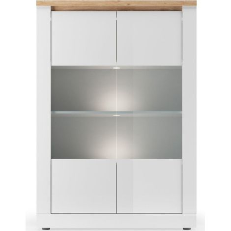 Vitrine SASHA – 2 Glastüren +3 Regale mit integrierter LED – Weiß lackiert und Eiche Cadiz