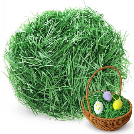 Grünes Ostergras 200 g  Kunstgras für Geschenkkörbe und Osterkörbe für Kinder  Ideal für Osterdekoration und Tischdekoration (1/5)