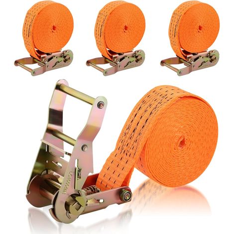 Lot de 4 sangles d'arrimage à cliquet, 6 m de long, 38 mm de large, capacité de charge 2000 daN, sangles de fixation pour voiture, diable, moto, bagages, camping, charge fixe (1/5)