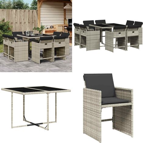 9-tlg. Garten-Essgruppe mit Kissen Hellgrau Poly Rattan - Gartentisch - Gartenmöbel - Essgruppe - Outdoor Möbel - Terrassenmöbel - Home & Living (1/5)