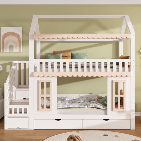 Letto a castello 90x200 cm bianco e naturale in legno con cassetti (1/4)