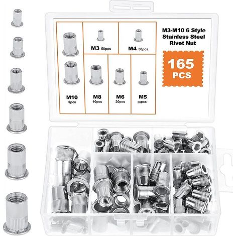 165-piece assortment of stainless steel rivet nuts, flat head threaded rivet nut insert caps, sizes M3, M4, M5, M6, M8, M10 (6 different types, 165 stainless steel rivet nuts) (1/5)