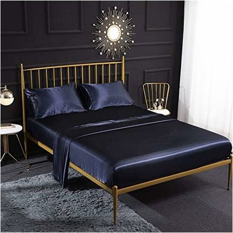 Cream Silk Satin 4 Piece Bedding Set with Fitted Sheet, Flat Sheet, Pillowcase, Breathable, Soft and Comfortable for Double Bed, (Royal Blue) 153x203x35cm (1/5)