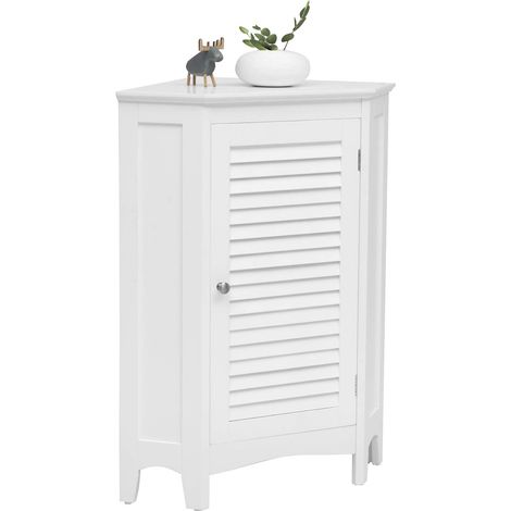 COSTWAY Eckschrank mit 5 stufig hoehenverstellbarer Ablage, Badezimmerschrank mit Kippschutz, Badschrank mit Lamellentür, Badkommode freistehend, Sideboard weiß (1/5)