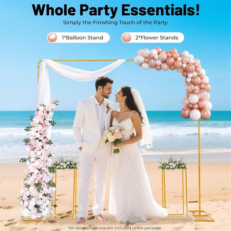 Lot de 2 supports d'arche de mariage en métal de 2 x 2 m, toile de fond et arche de ballons, avec 2 colonnes de support de fleurs, convient pour les mariages, les fêtes d'anniversaire, les banquets (1/5)