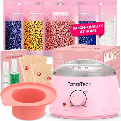 Chauffe Cire Epilation Kit épilation Cire: Inclure 500g Perle, 30 Spatules, 2 Huiles de Traitement et Silicone Bol, Facile Nettoyer Appareil Chauffe-cire Pour Jambes, Aisselle, Visage, Sourcils(Rose) (1/5)