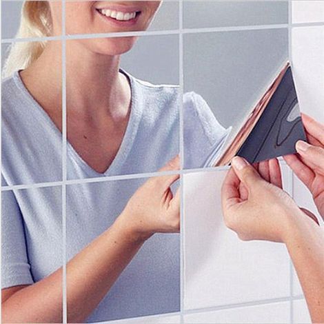 16-Piece Mirror Stickers, Decorative Adhesive Mirrors, Silver Squares, Removable Decorative Mosaic, 15cm x 15cm, 3D Decal Mosaic Home Room Decoration DIY for Living Room, Porch (1/5)