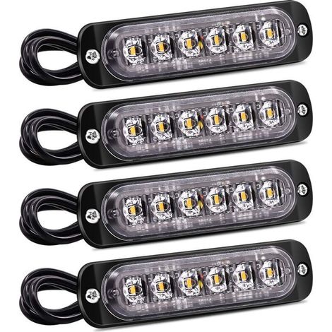 Lot de 4 feux latéraux stroboscopiques à 6 LED - Barre lumineuse de danger jaune - Signal de dysfonctionnement - Feux clignotants d'urgence étanches 12 V 24 V universels pour voiture camion