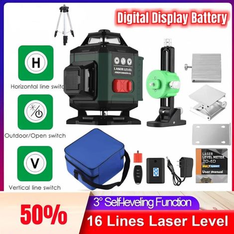 x 360° 4D 16-Line Self-Balancing Green Rotating Laser Level Tool for Vertical and Horizontal Leveling, IP54 Waterproof, 2 x 1200 mAh Batteries, with Tripod (1/5)
