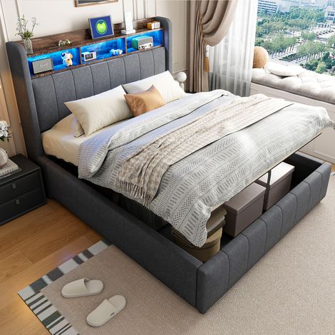 Cama doble tapizada con LED y almacenaje gris OKMYHOME (1/5)