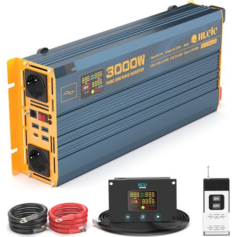 Convertisseur de Tension 3000 W 24 V sinusoïdal Pur 24 V vers 230 V, avec 2 Prises EU, 1 Port USB-C, 3 Charge Rapide USB-A, Affichage LCD pour Camping-Car, Camion, Voiture (1/5)