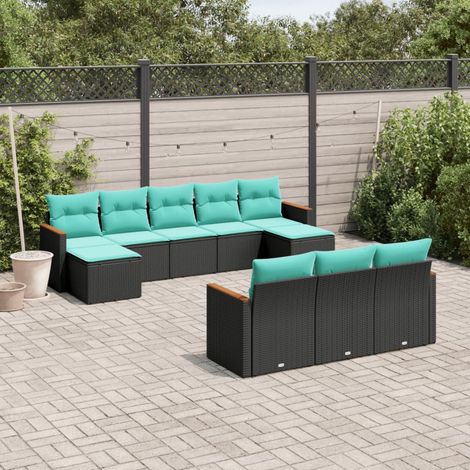 10-teiliges Gartensofa-Set mit Kissen, schwarzes Polyrattan (1/5)