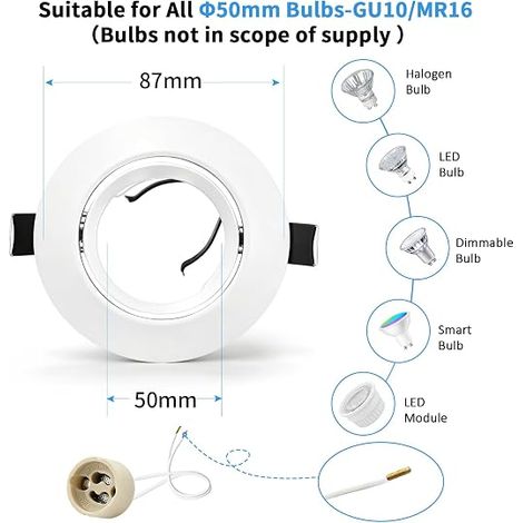 Spots Encastrables GU10 Cadre Blanc, Orientable 45°, Cadre Métal Ø84mm Plat, Découpe 68-75mm, Douille Céramique GU10 230V, Spot Rond Sans Ampoule (1/4)