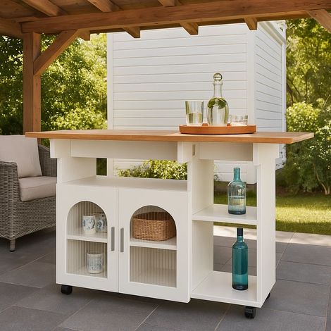 URBAN MEUBLE Tables d'extérieur îlot de cuisine mobile blanc avec plateau pliant et vitrine NUQNOIDS