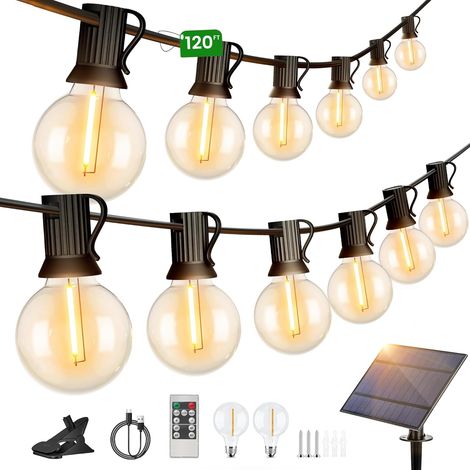 1 Guirlande Lumineuse 36,5M 52 Ampoules G40 Blanc Chaud Solaire USB IP65 Pour Jardin Terrasse Fête