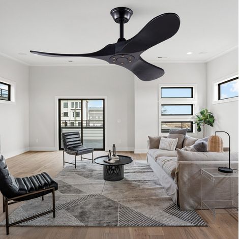 Ventilateur de plafond noir 42" avec télécommande, 3 pales en bois, sans lumière, 6 vitesses (1/5)