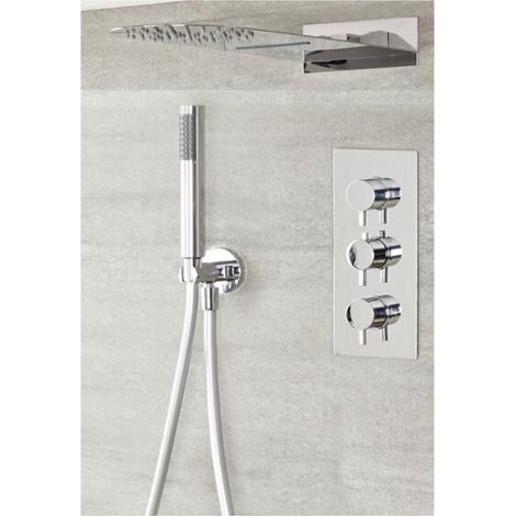 Milano Mirage 3 Outlet Triple Diverter Thermostatic Mixer Shower Valve with 200mm x 500mm Wall Mounted Rainfall and Waterblade Shower Head and Hand Shower Handset Kit - Chrome