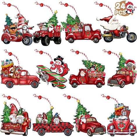 Ornement En Bois - Camion De Noël - 24 Pièces - Décoration Arbre De Noël - Intérieur Et Extérieur - Lot Complet (1/5)