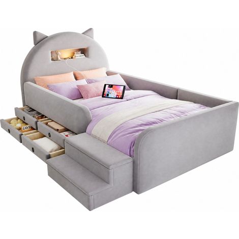CHICFURN Lit enfant capitonné 90x200 cm, tête de lit oreilles avec veilleuse, port USB, niche de rangement, 4 tiroirs, banc amovible, velours gris clair (1/5)