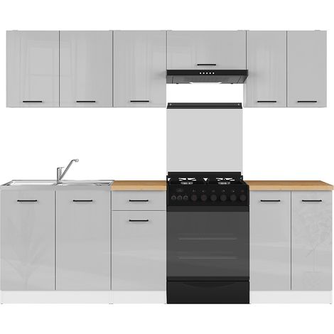 Cuisine complète 240 cm,Ensemble de meuble de cuisine coloris gris clair brillant/blanc, plan de travail coloris Chêne doré inclus (1/4)