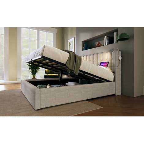 Cama 140x200 cm de lino natural, con almacenaje y USB, ahorra espacio, sin colchón – MEUBLIV (1/5)